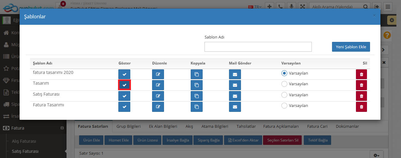 şablon seçenekleri ekranı